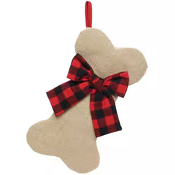 Dog Bone Stocking with Red & Black Plaid Bow - 14.5"