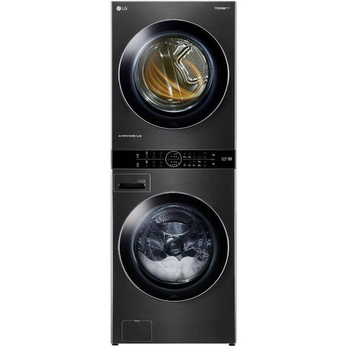 LG Laundry Tower 27" with 5.2 cu. ft. Front Load Washer & 7.4 cu. ft Electric Dryer - Black Steel